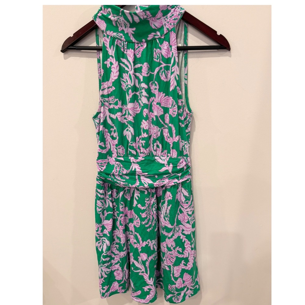 Lilly Pulitzer Green Pink Floral Halter Romper Skort XS Tie Back Sleeveless